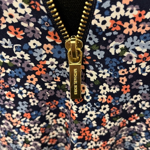 Michael Kors Small Floral Print Sheath Dress with Logo Gold Zipper V Neck, Med - Picture 2 of 3